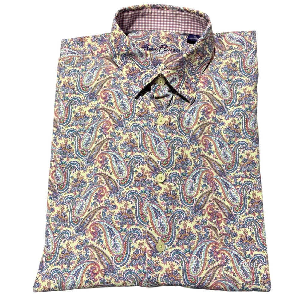 Alan Flusser Button Down Shirt Mens XL Yellow Pink Paisley Long Sleeve Cotton